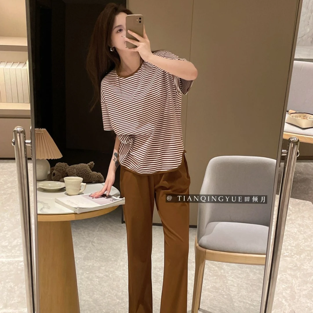 夏季条纹睡衣套装清爽简约减龄女可外穿不尴尬睡衣家居服饰洋气