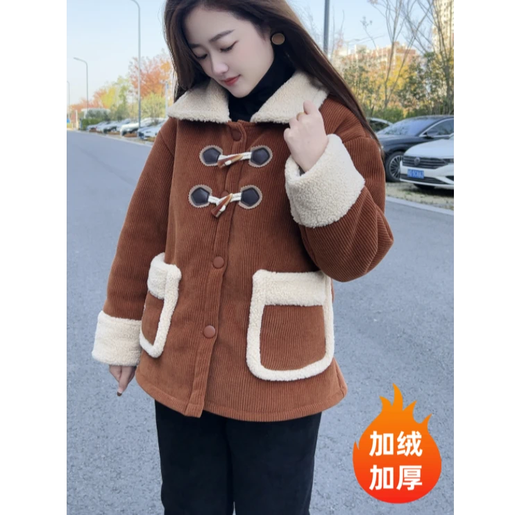 牛角扣小翻领机车服加绒加厚冬季时尚保暖拼接宽松百搭睡衣套装