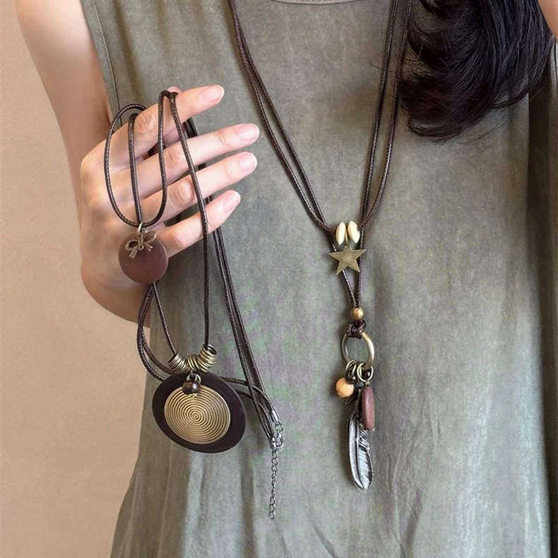 非金属布艺项链 新中式禅意长款羽毛项链复古民族风叠戴毛衣链C62