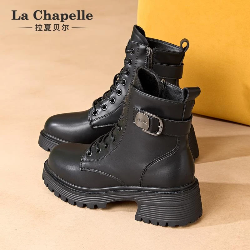 拉夏贝尔黑色马丁靴女2025春季新款厚底高级感女靴子英伦风短靴子