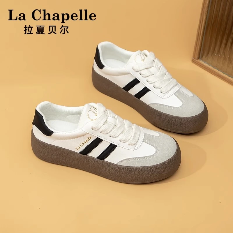 拉夏贝尔2025冬季新款小众轻便厚底小白鞋复古德训鞋女鞋休闲ins