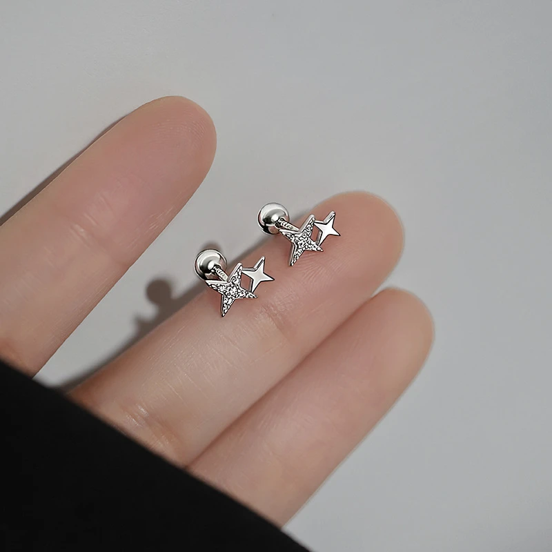 足银耳饰 足银韩版四芒星锆石耳钉防丢款E356