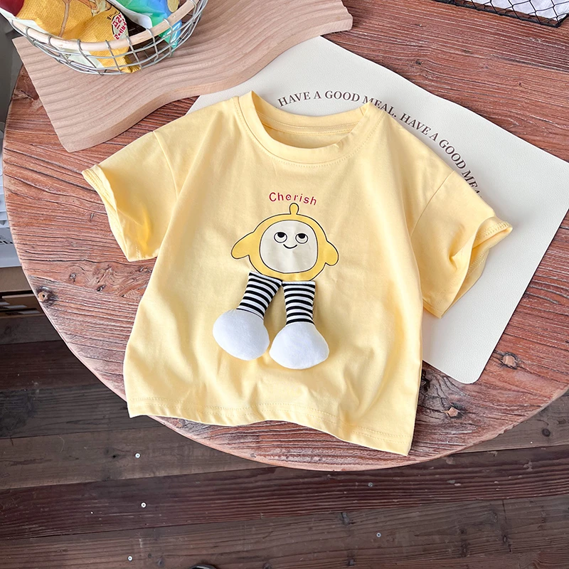 2024儿童洋气半袖印花夏季纯棉韩版休闲卡通蛋仔小童宝宝薄款宽松