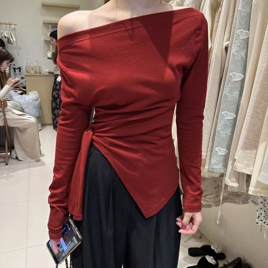 韩国东大门2024早秋新款T恤一字肩侧绑带设计感显瘦百搭气质上衣