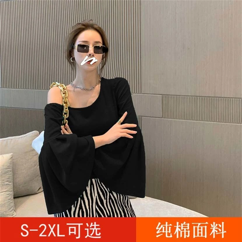 t恤女2023年新款春秋设计感显瘦长袖上衣修身露肩短款打底女装潮