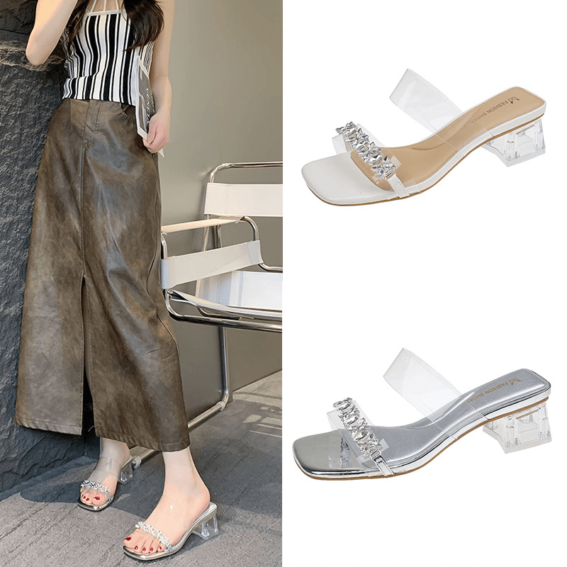 2024夏季透明水钻高跟露趾凉鞋女鞋气质时尚拖鞋女外穿网红百搭