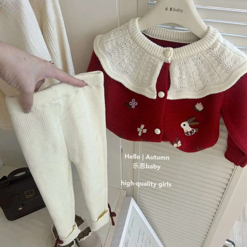 【平替好物】女童秋冬新款荷叶领卡通红色韩版毛衣公主风套装加厚