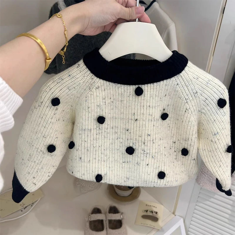 【省心穿搭】女童秋冬套装毛球拼接毛衣格纹花边加绒阔腿裤时髦洋气