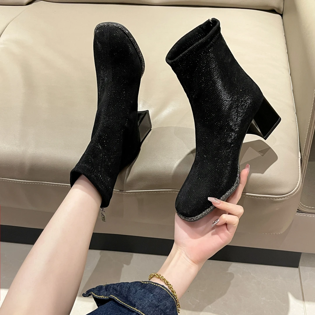 高奢【法国订单】方头带钻绒面短靴弹力瘦瘦靴