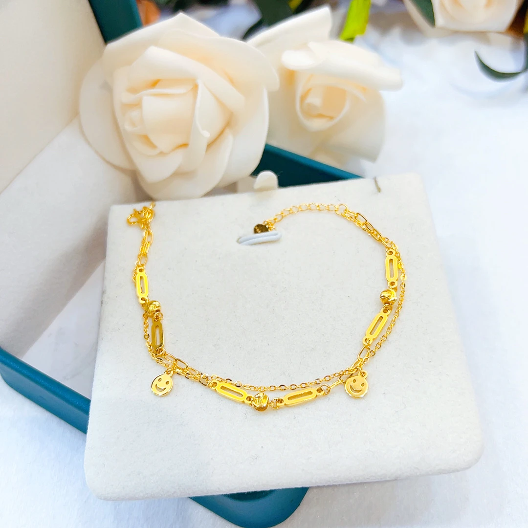 精品5G足金百搭时尚休闲双层韩版笑脸牌流苏手链00758