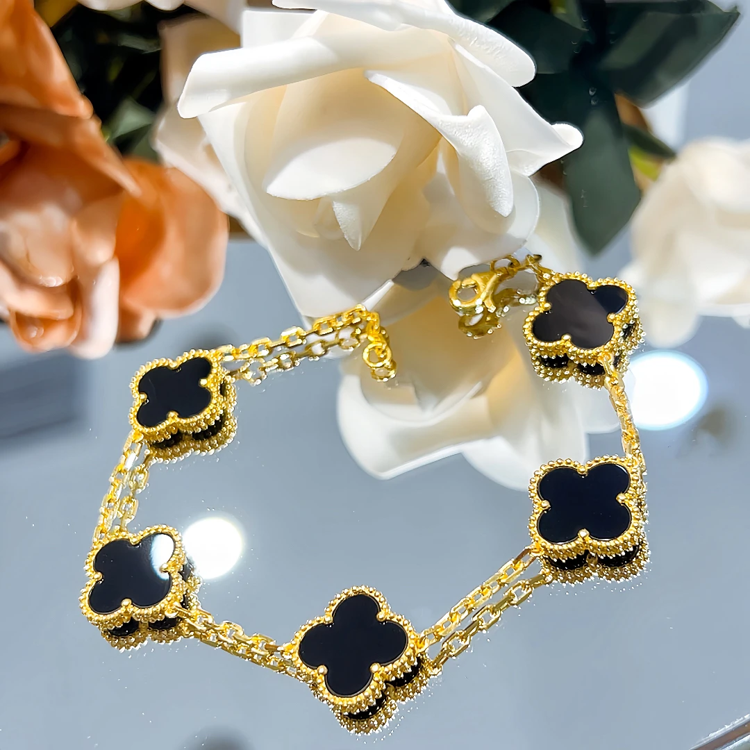 精品5G足金轻奢时尚百搭气质黑色镶嵌四叶草手链000668