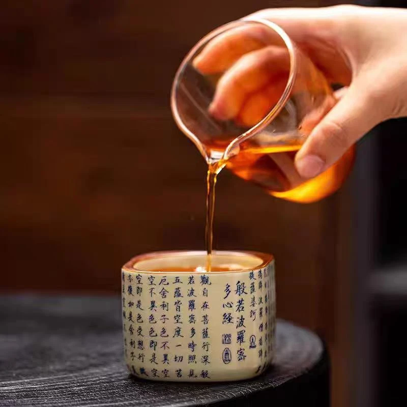 陶瓷汝窑主人杯黄汝四方心经杯大容量禅定杯家用茶杯复古罗汉茶杯