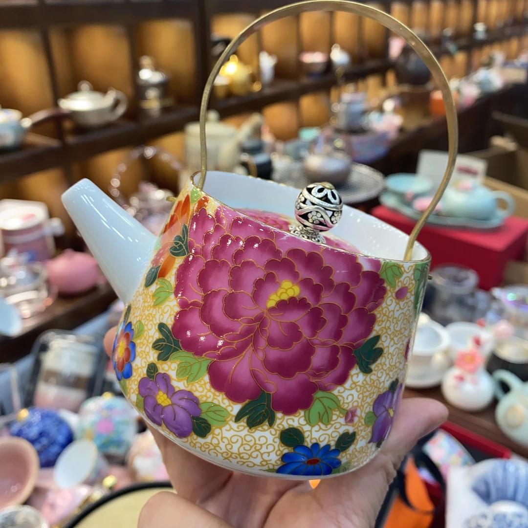 @@满工插金丝牡丹提梁壶容量225ml优雅紫色描金英式茶壶茶具茶杯