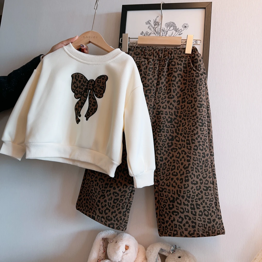 女童冬季加绒新款卫衣套装女宝宝洋气保暖休闲裤蝴蝶结卫衣两件套