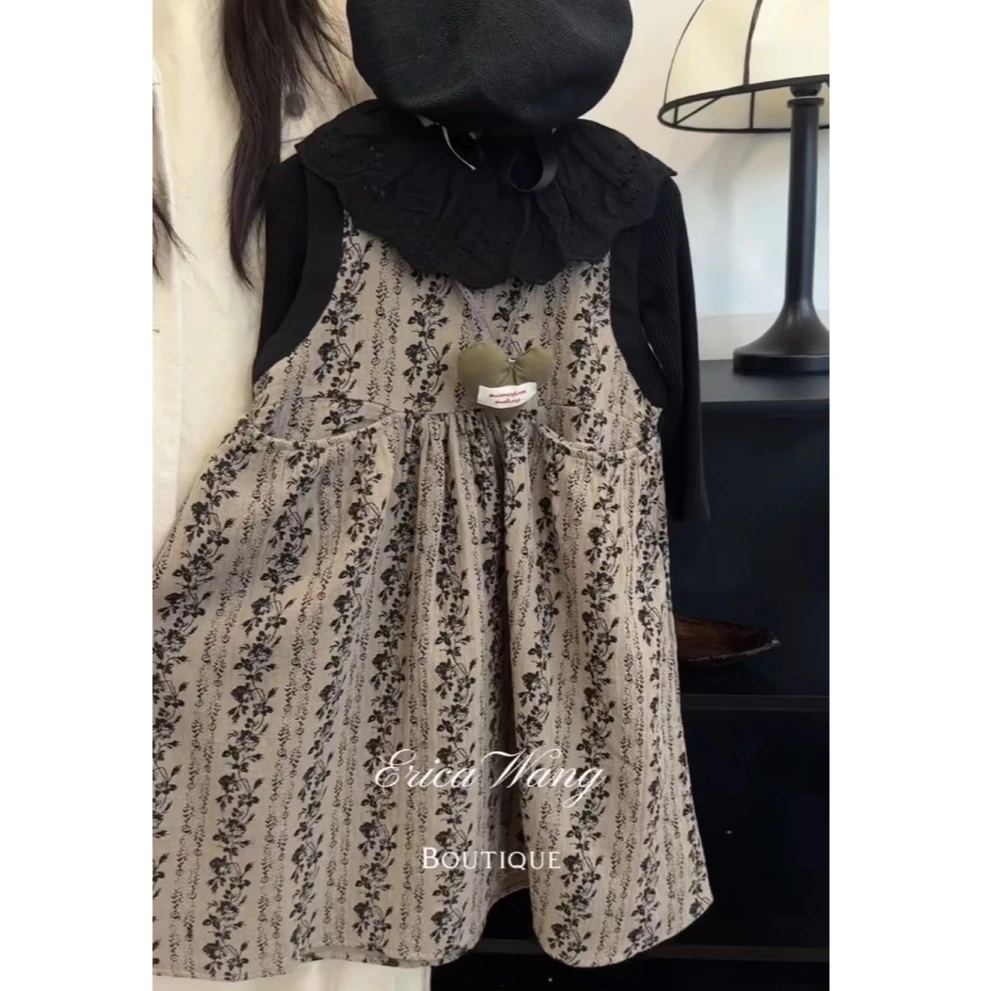 女童秋季新款套装碎花背心裙女宝宝洋气翻领打底衫裙子两件套