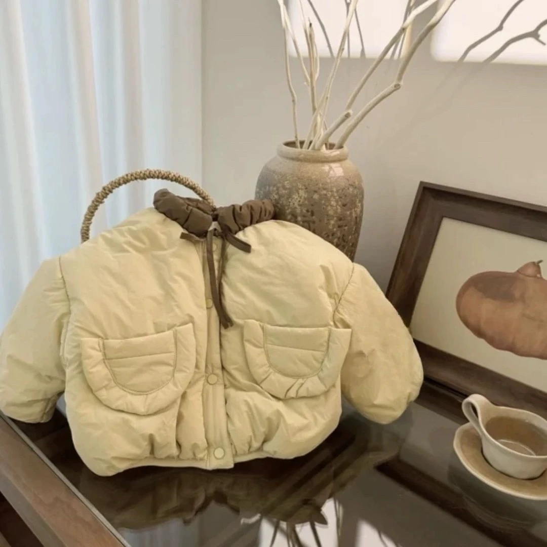 2024女宝冬款毛内里拼色立领棉服外套加厚棉服公主风