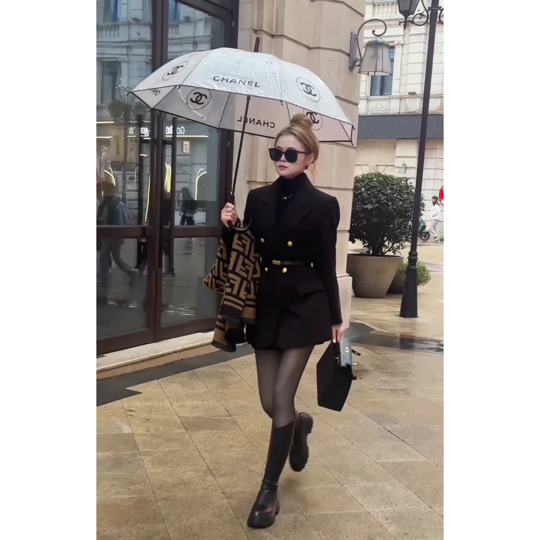 【HQS】毛呢加厚白鸭绒高级感保暖羽绒服西装宽松显瘦送腰带5290