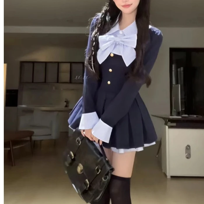 蓝屿学院 秋季学院风拼接设计感长袖连衣裙甜美蝴蝶结约会短裙女