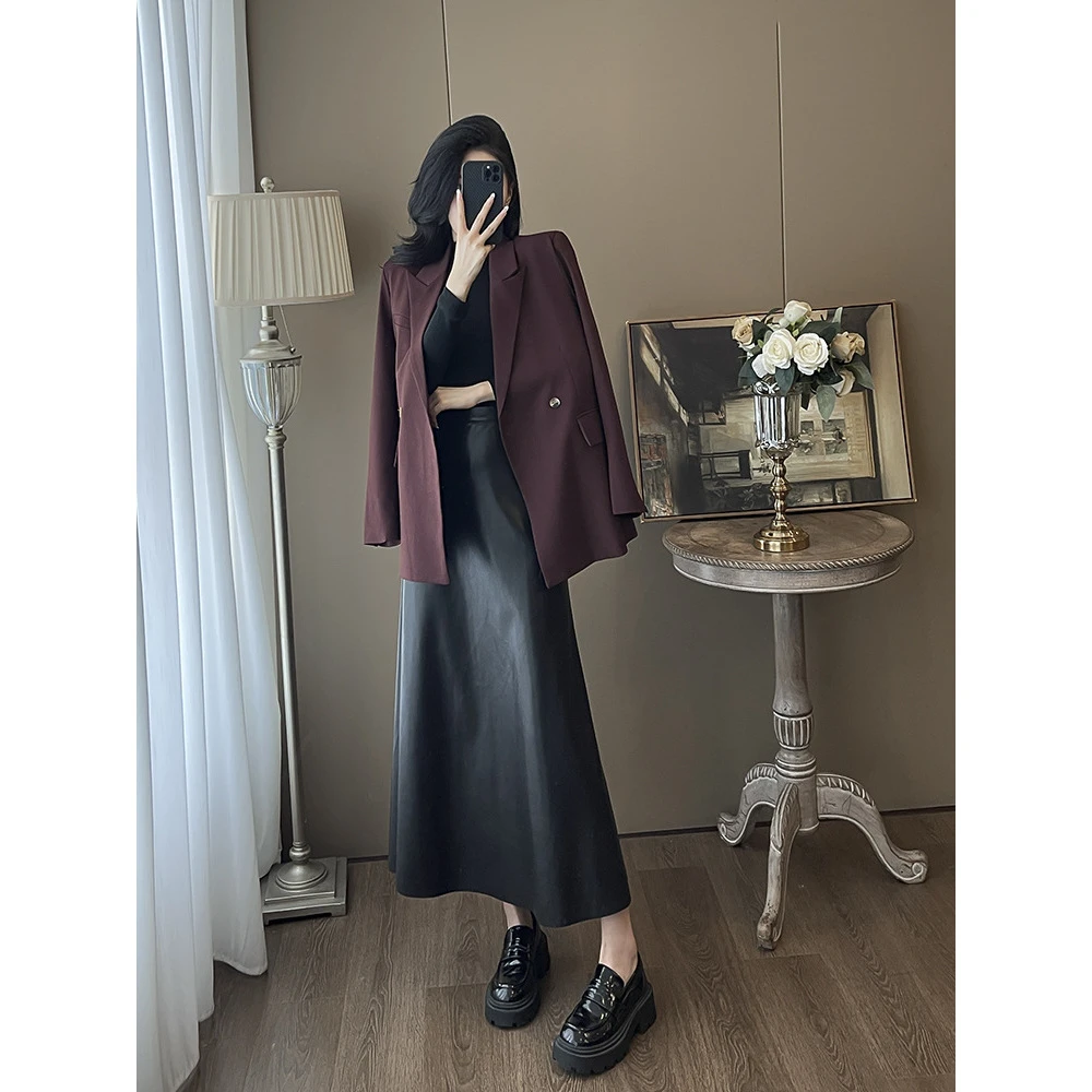 高级设计感韩板宽松西装外套女春秋款PU皮半身裙套装气质百搭干练