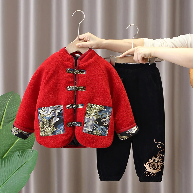 男童拜年服2024新款儿童汉服套装宝宝冬季龙年过年服加厚国风衣服