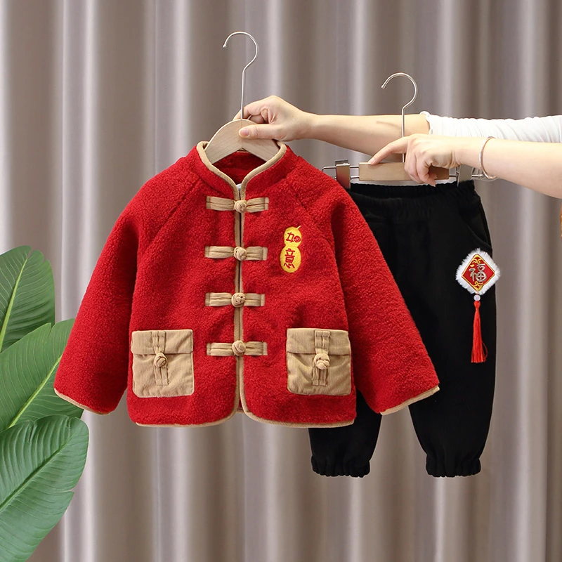宝宝过年拜年衣服男童女童加绒加厚新年红色套装汉服儿童国风冬装
