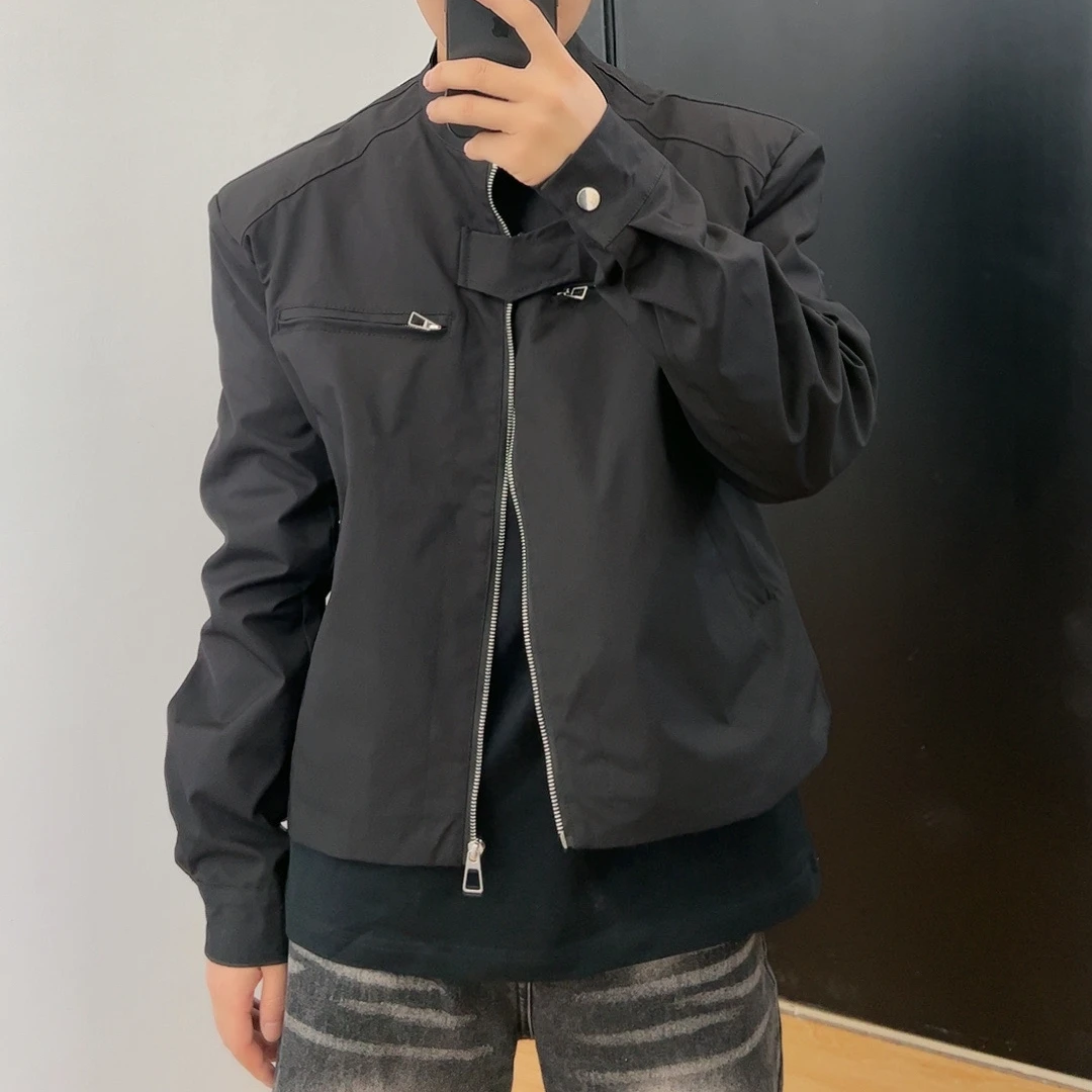 JH春装情侣款黑色小立领垫肩夹克外套