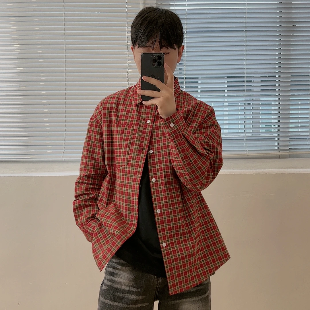 JH 竹节麻感韩版男士格子衬衫复古简约休闲宽松衬衫外套