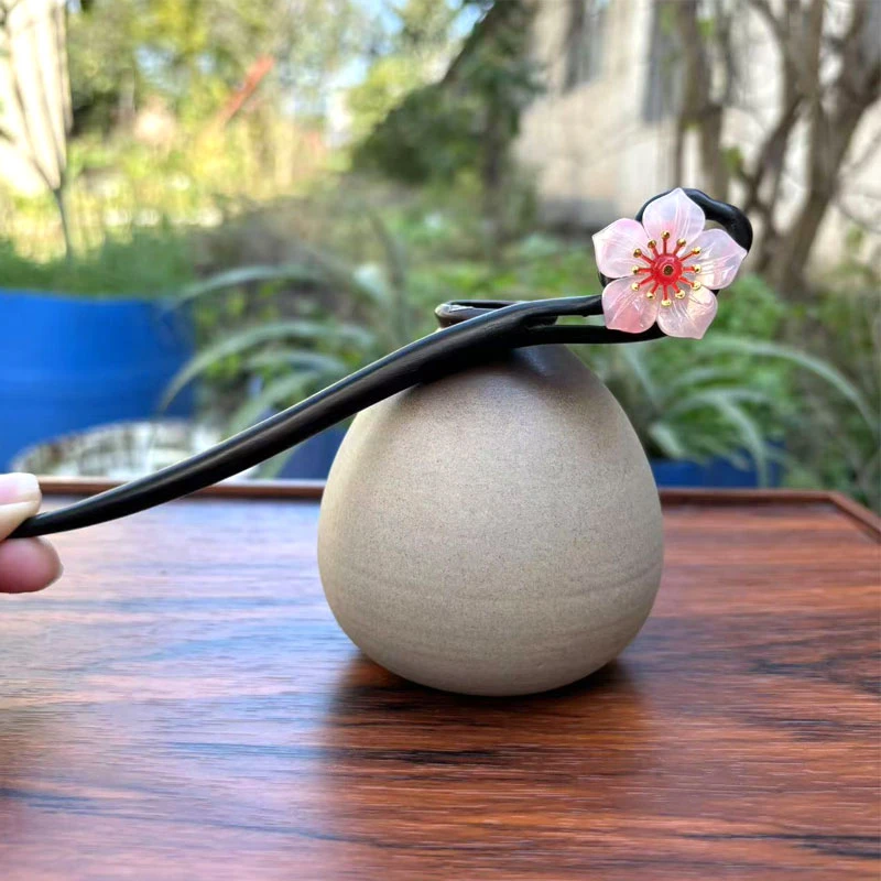 天然黑檀木发簪18cm【双面樱花】发簪仙气日常百搭簪子简约木簪