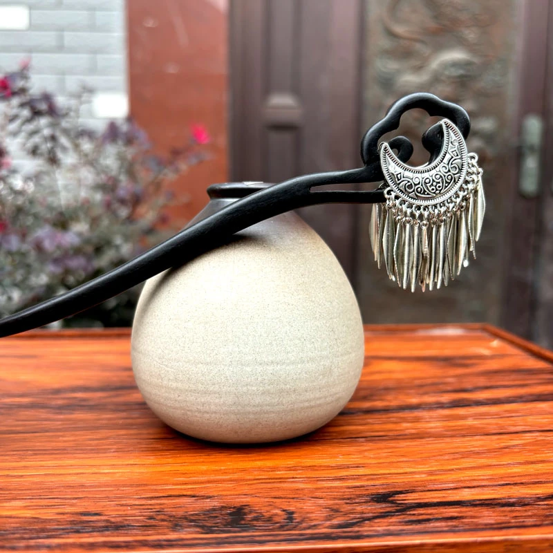 天然黑檀木发簪18cm双面【月牙瑶】网红民族风古风步摇新中式盘发簪