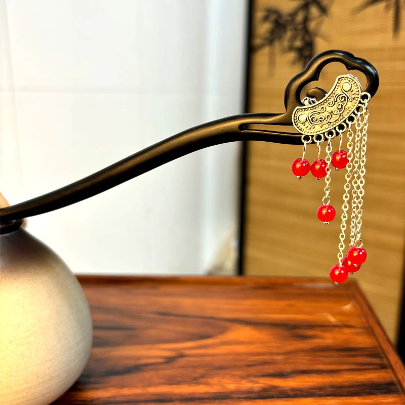 天然黑檀木发簪18cm【祥云】网红民族风古风步摇新中式盘发簪