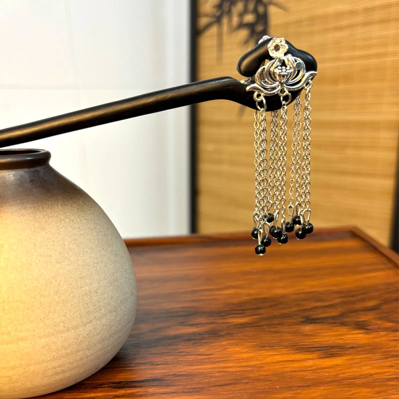 天然黑檀木发簪18cm双面【步步生莲】古风仙气莲花国风步摇吊坠发簪