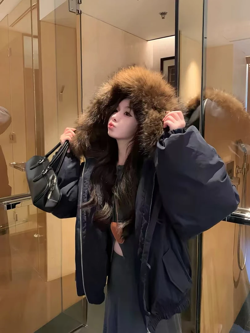 Y88856-复古工装连帽时尚冬季毛毛新款百搭爆款宽松