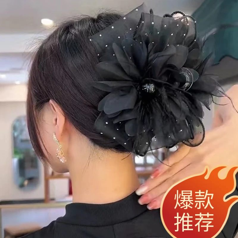 网红同款黑色满天星网纱发夹发饰时尚气质头饰优雅大百搭抓夹发卡
