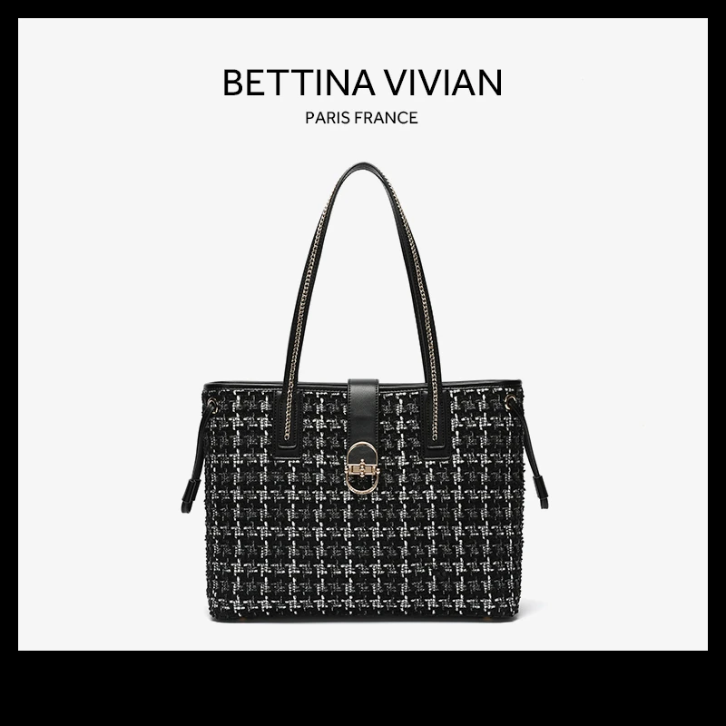 BETTINA VIVIAN2023秋冬新款时尚大容量千鸟格托特包BE-1190R黑色
