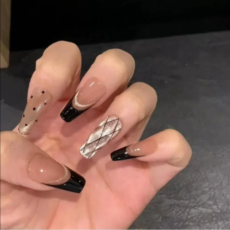 【黑金香奶奶】手工光疗穿戴甲黑色法式波点菱形格纹手工穿戴甲贴片