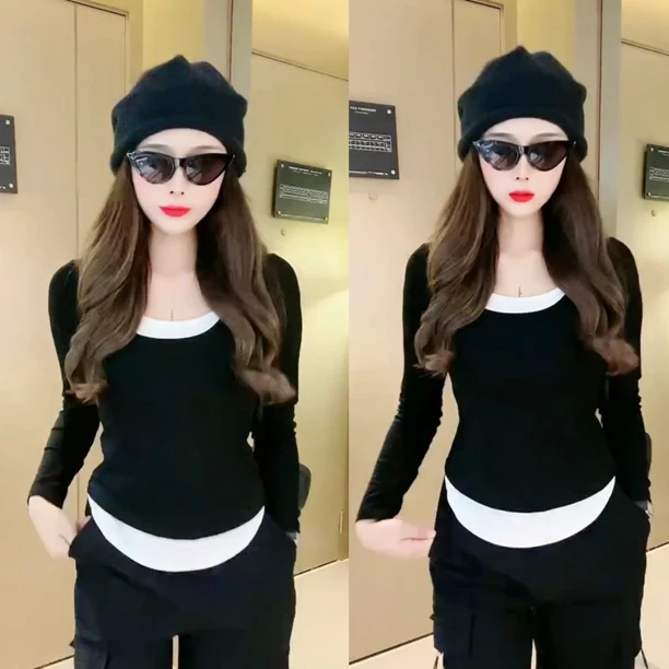 假两件圆领长袖T恤女2023早秋新款洋气内搭黑白撞色显瘦体恤上衣