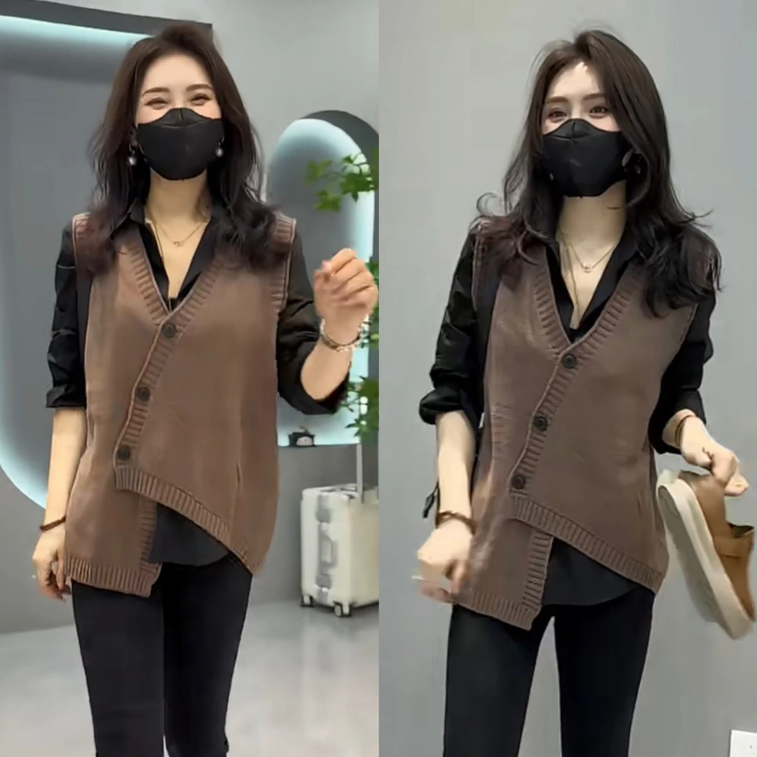 2024新款长袖衬衣女宽松显瘦衬衫韩版不规则马甲衬衣两件套春秋