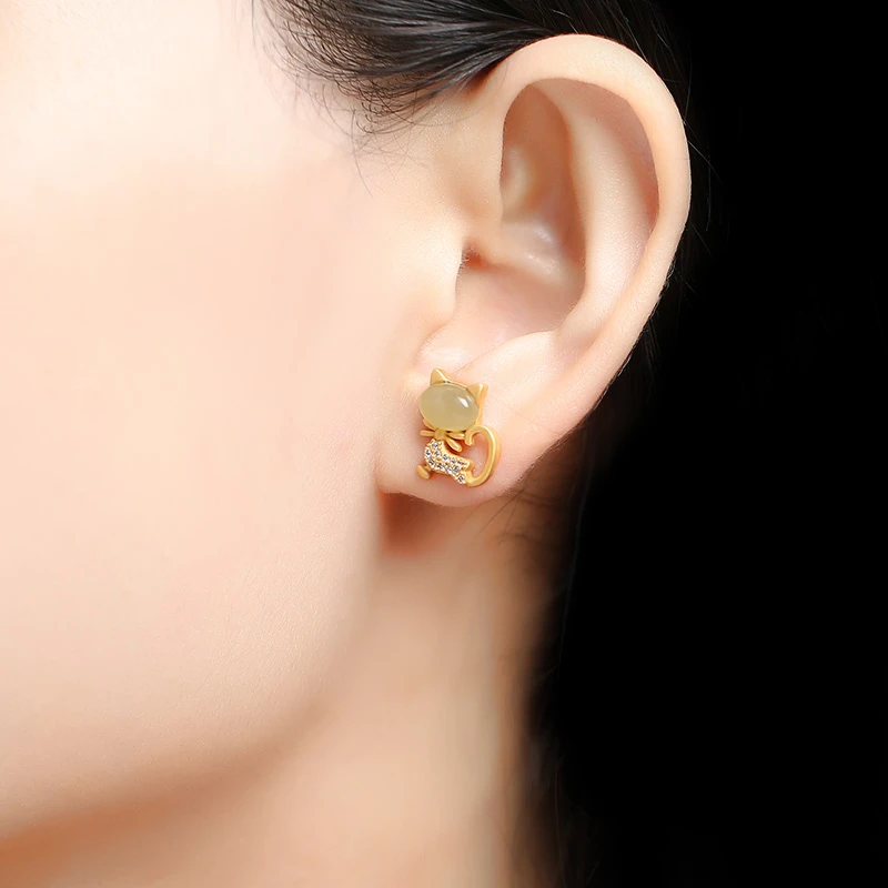 天然和田玉猫咪耳坠金镶玉925纯银耳钉高级感耳环气质个性耳饰女