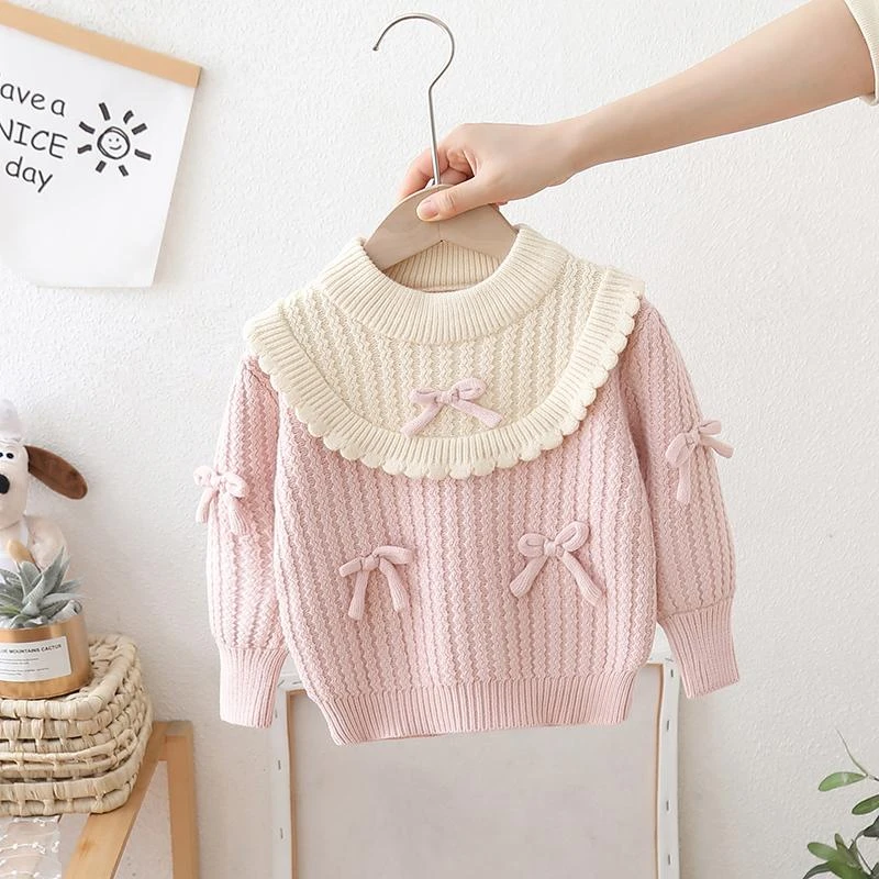女童加绒毛衣冬装2025新款洋气儿童蝴蝶结花边针织衫女孩秋冬上衣