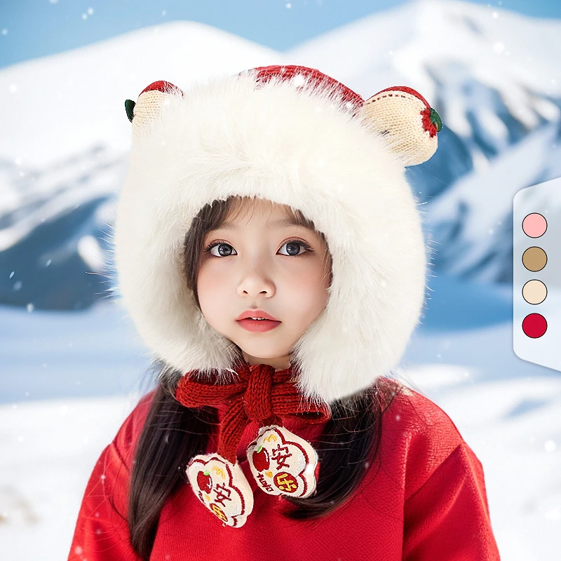 冬季宝宝绒里保暖护耳毛线帽女孩时尚可爱后开帽平安喜乐寓意帽子