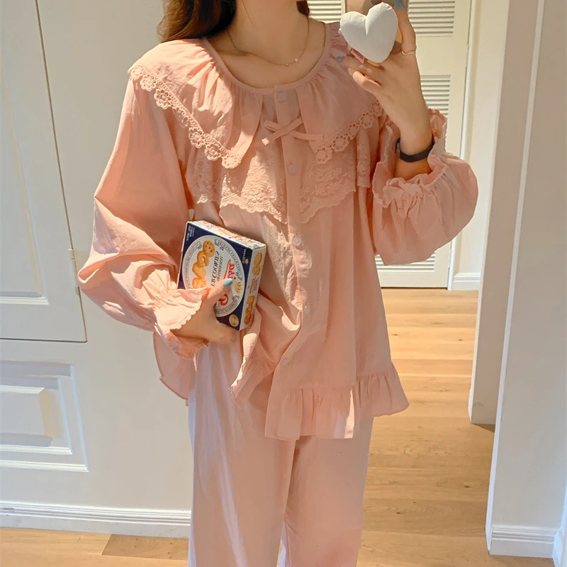 韩系宫廷风甜美蕾丝花边棉布睡衣女套装春秋季长袖长裤公主家居服