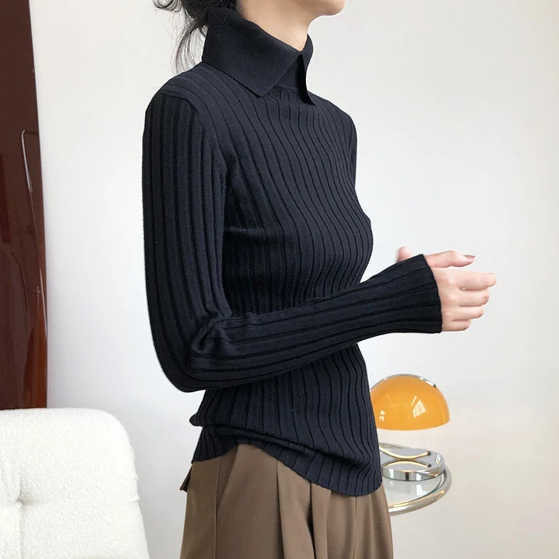 秋冬季保暖长袖针织打底衫女POLO衫毛衣百搭修身显瘦翻领套头上衣