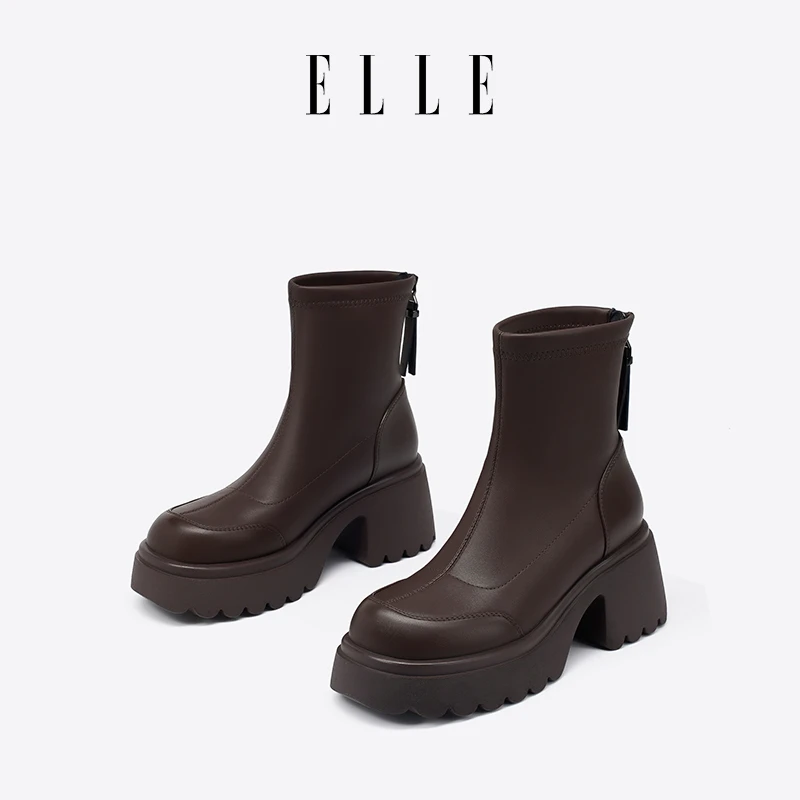 ELLE厚底马丁靴女款2025冬季新款黑色靴子爆款小短靴英伦风女靴子