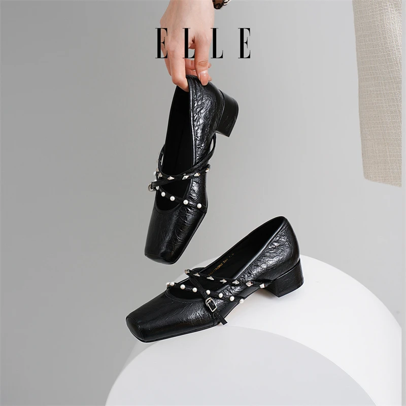 ELLE芭蕾小香风玛丽珍鞋女鞋2025新款秋季粗跟高跟鞋铆钉气质单鞋