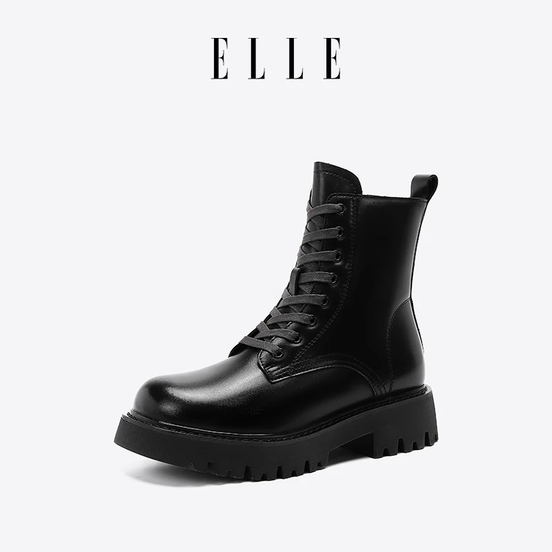 ELLE马丁靴女款2025新款秋季时尚潮流女鞋短靴黑色靴牛皮圆头耐磨