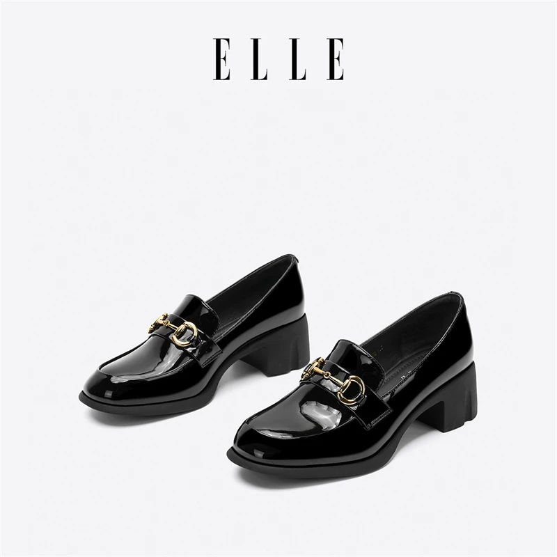 ELLE软皮英伦风小皮鞋女2025新款秋季百搭乐福鞋粗跟黑单鞋豆豆鞋