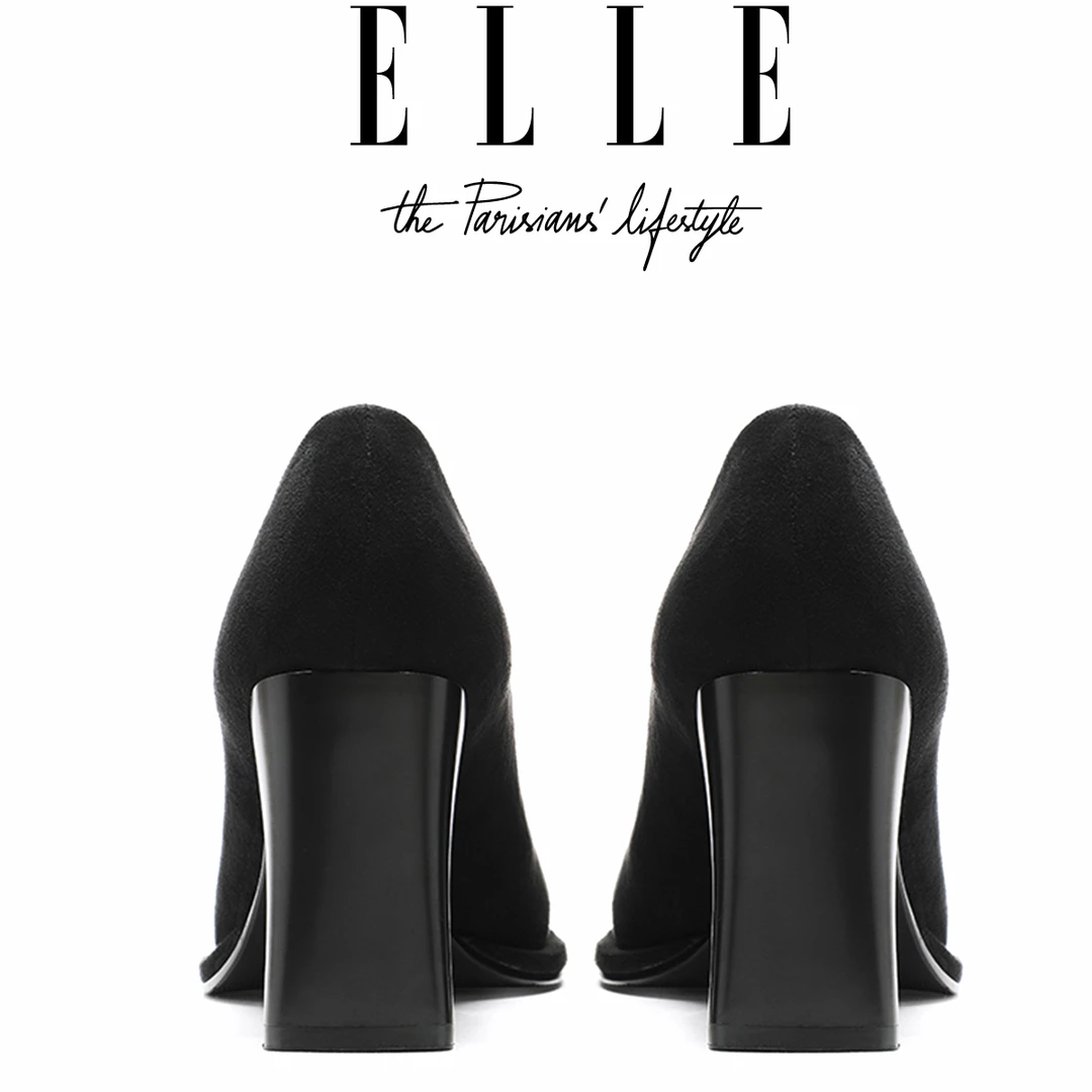 ELLE小香风拼接气质高跟鞋女2025新款小众设计感方头粗跟显瘦单鞋