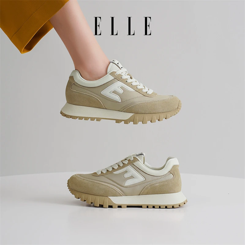 ELLE圆头厚底时尚休闲鞋2025秋季新款小个子内增高阿甘鞋运动女鞋