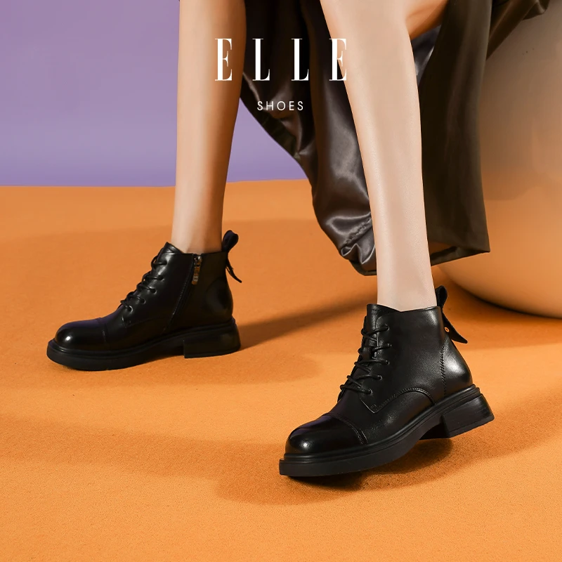 ELLE黑色时尚百搭英伦风靴子2025年冬季新款圆头侧拉链粗跟马丁靴