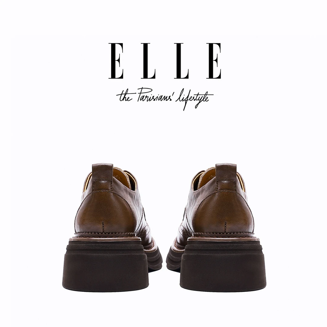 ELLE棕色复古布洛克小皮鞋2025新款秋季英伦厚底圆头系带单鞋女鞋